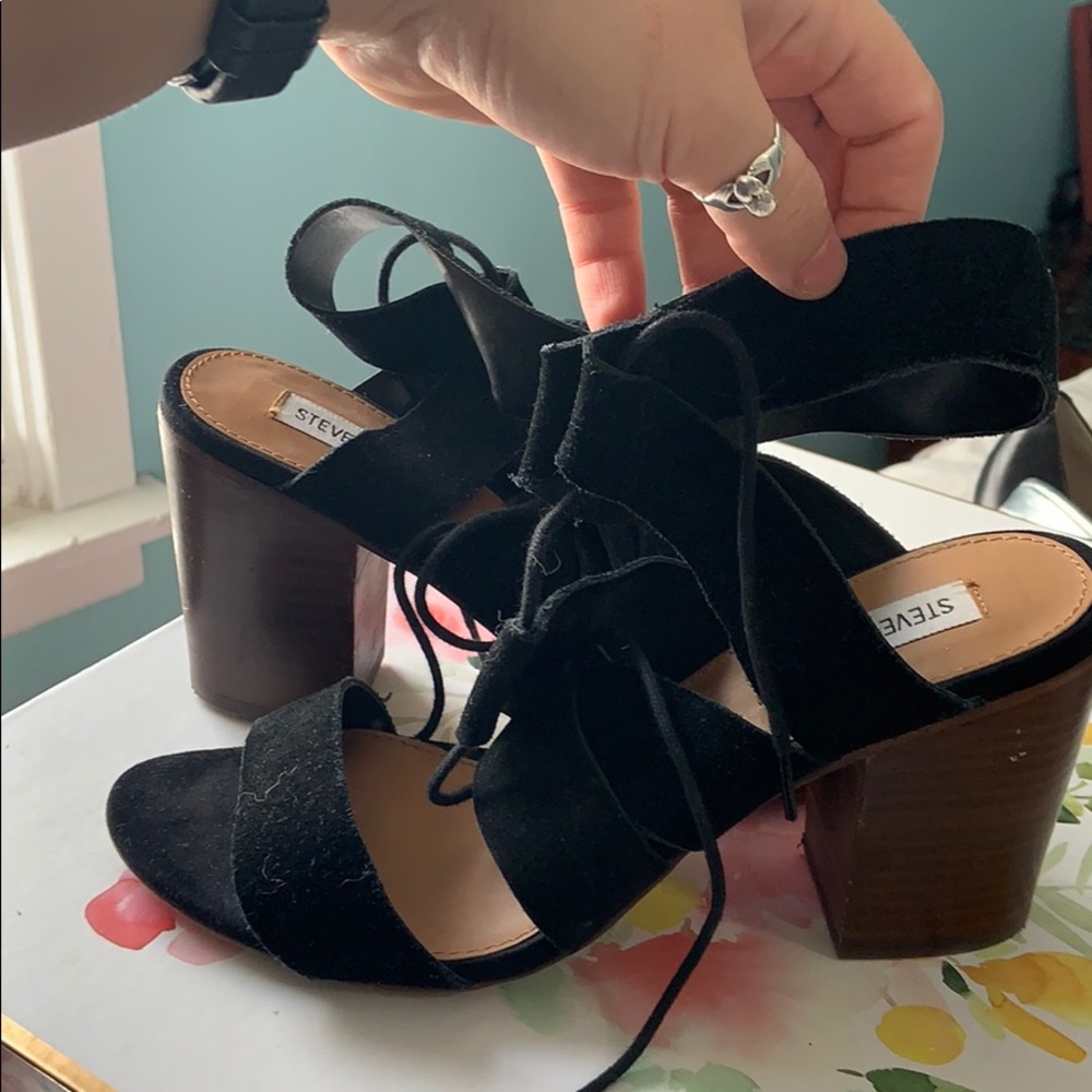 Black suede sandal/heels.